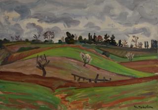 Attic Landscape, Fields, Sky with Movement — Oil painting, Canvas, 46.00×65.00cm — Theodoros Markellos